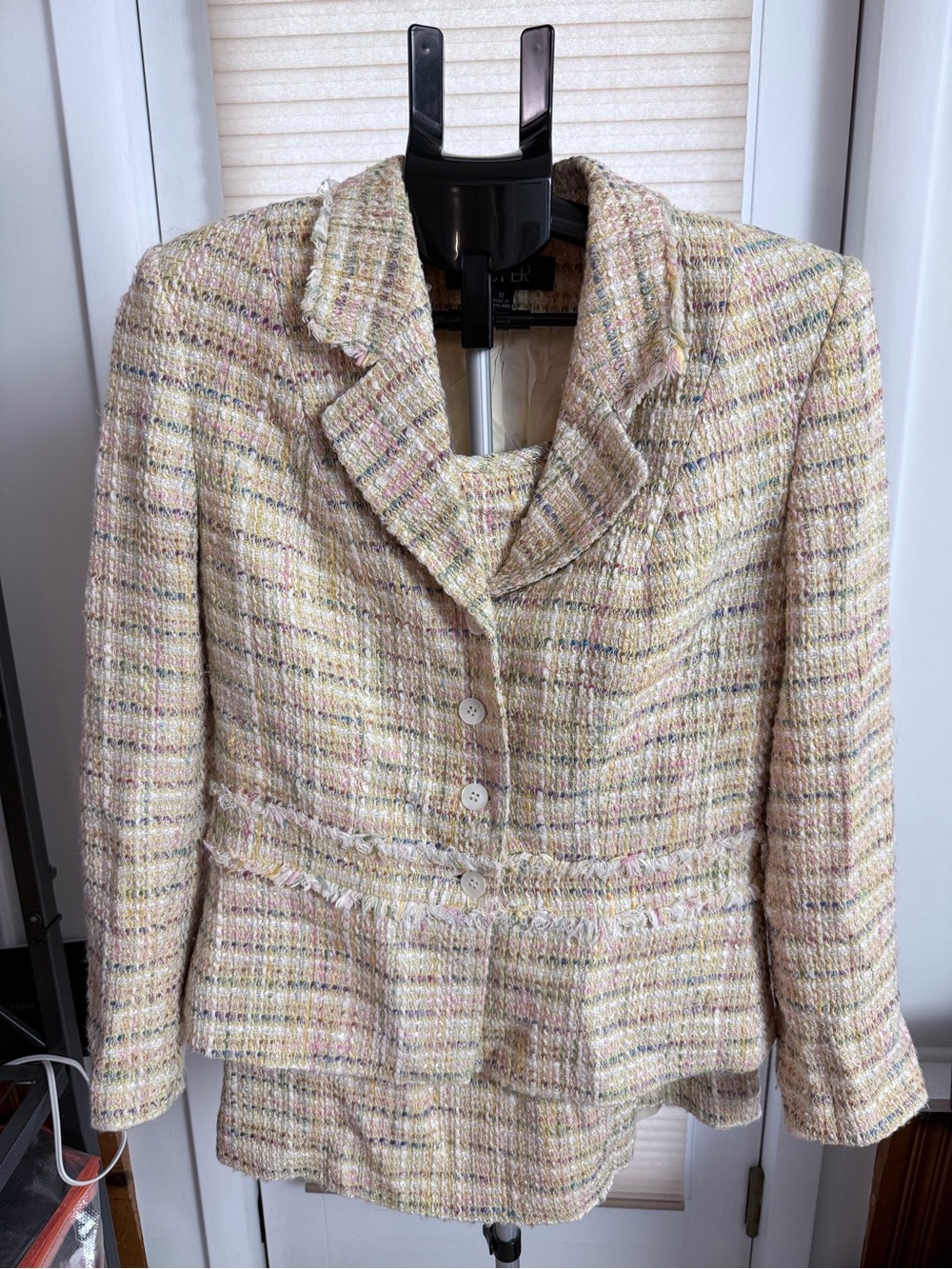 Kasper Pastel Tweed Peplum Blazer & skirt suit multicolor threads 90s vibes